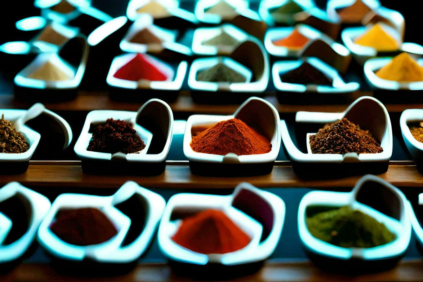 a display of spices in bowls. AI-Generated photo