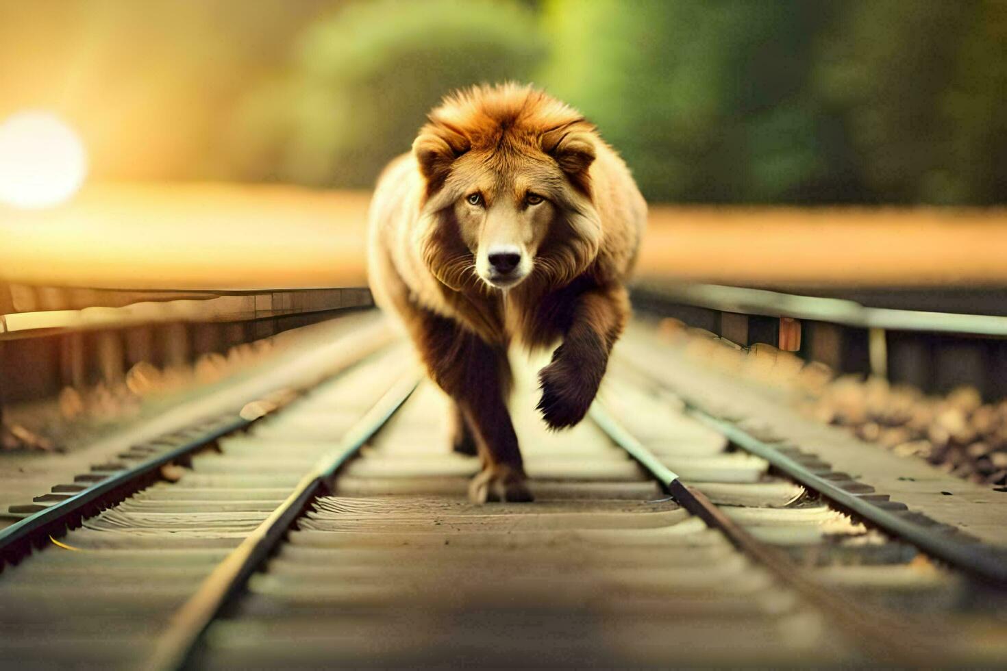 a lion walking on a train track. AI-Generated photo