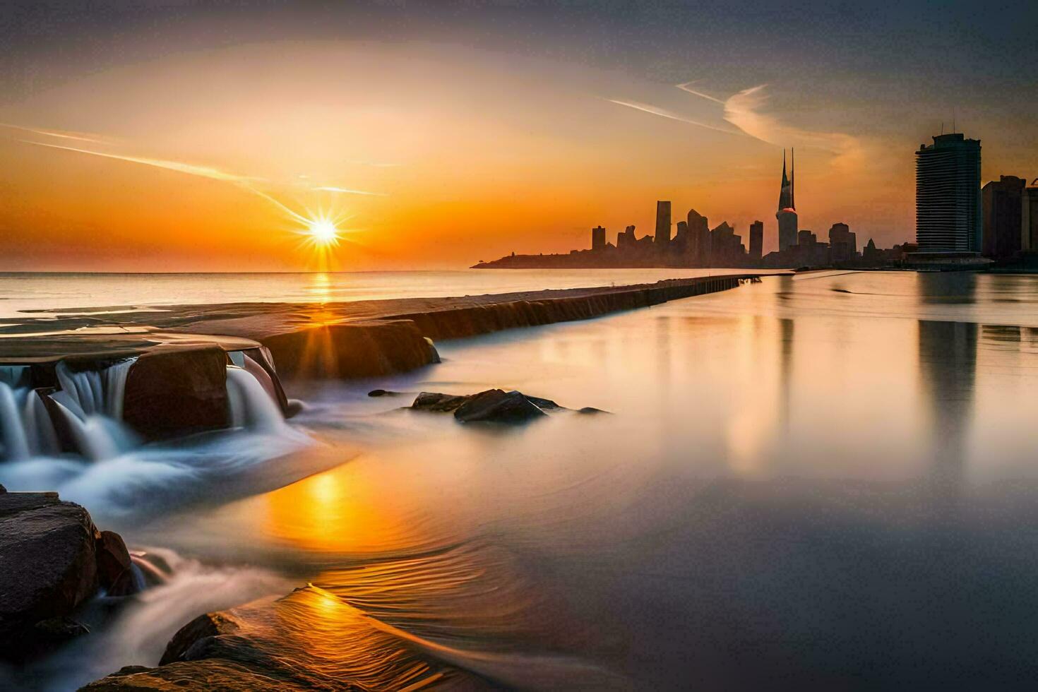 el ciudad horizonte es reflejado en el agua. generado por ai foto