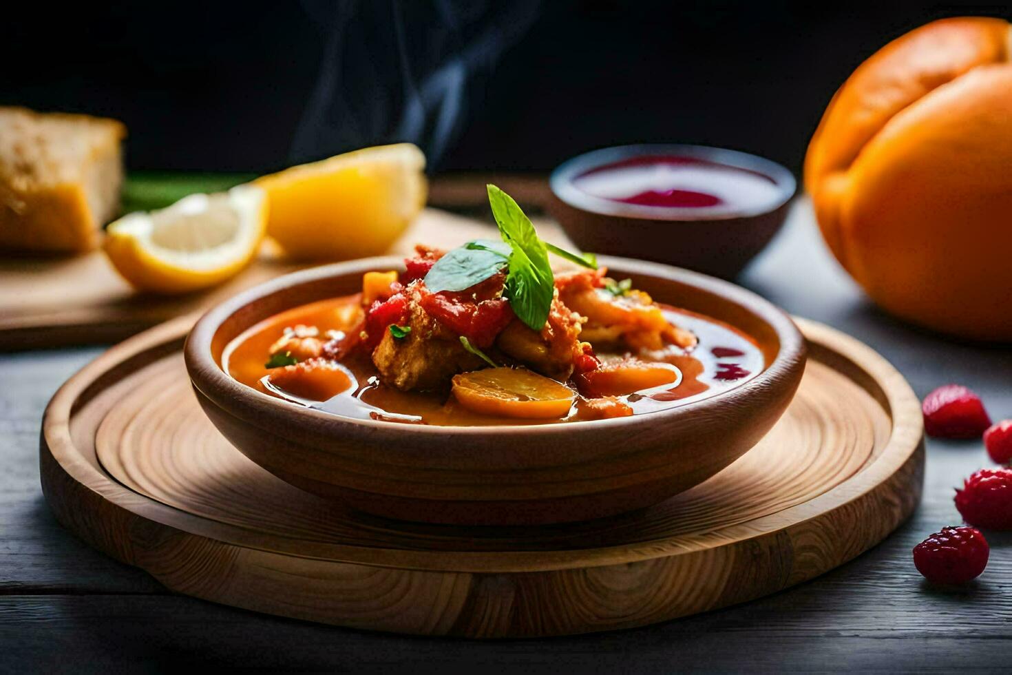 un cuenco de estofado con vegetales y un pan en un de madera mesa. generado por ai foto