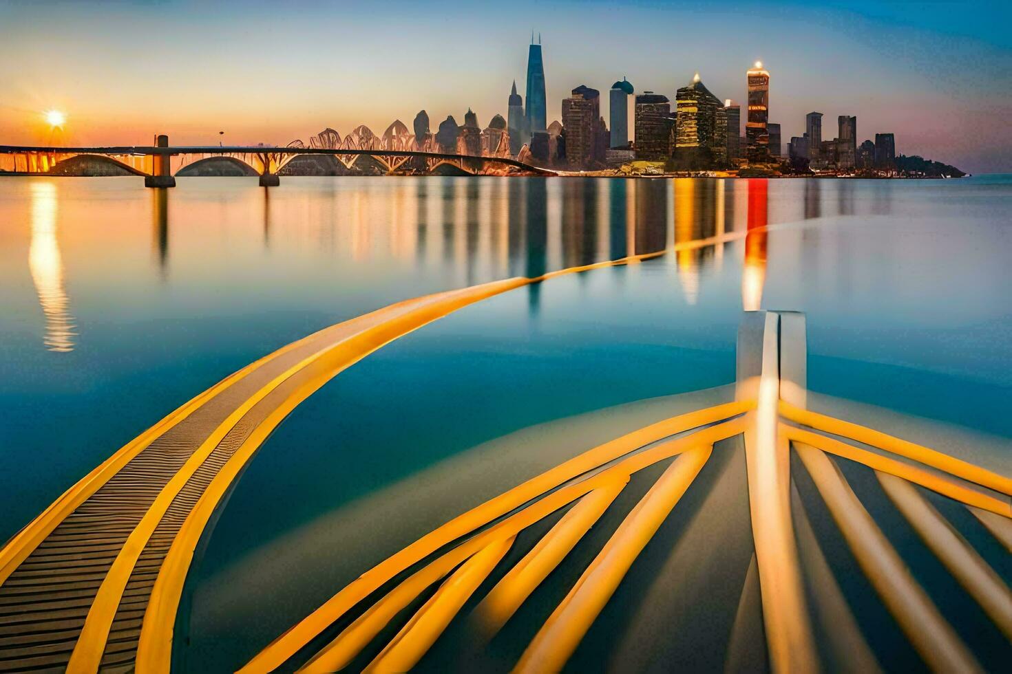 a long exposure photograph of the city skyline at sunset. AI-Generated photo