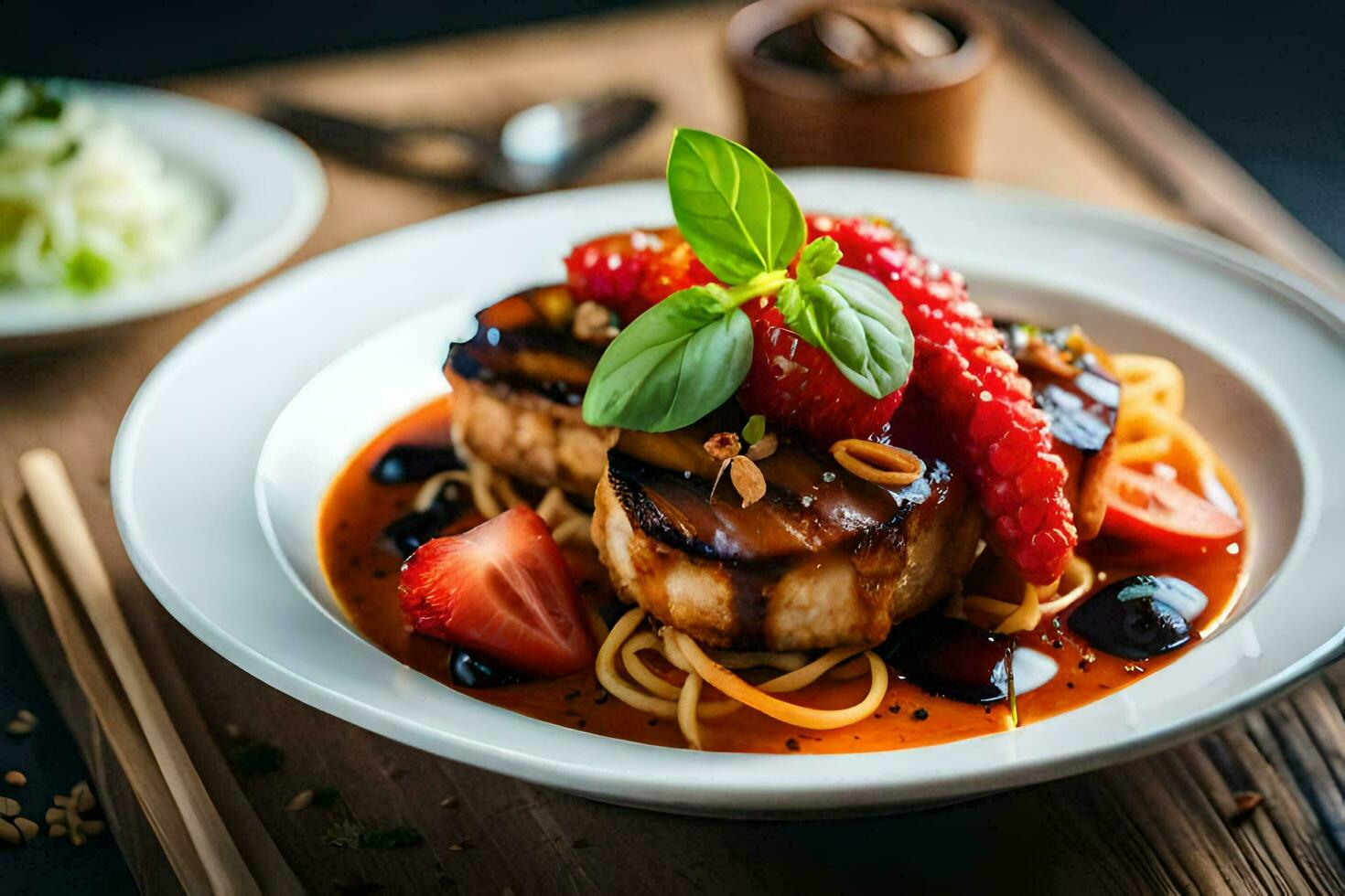 grilled pork chop with tomato sauce and basil on a white plate. AI-Generated photo