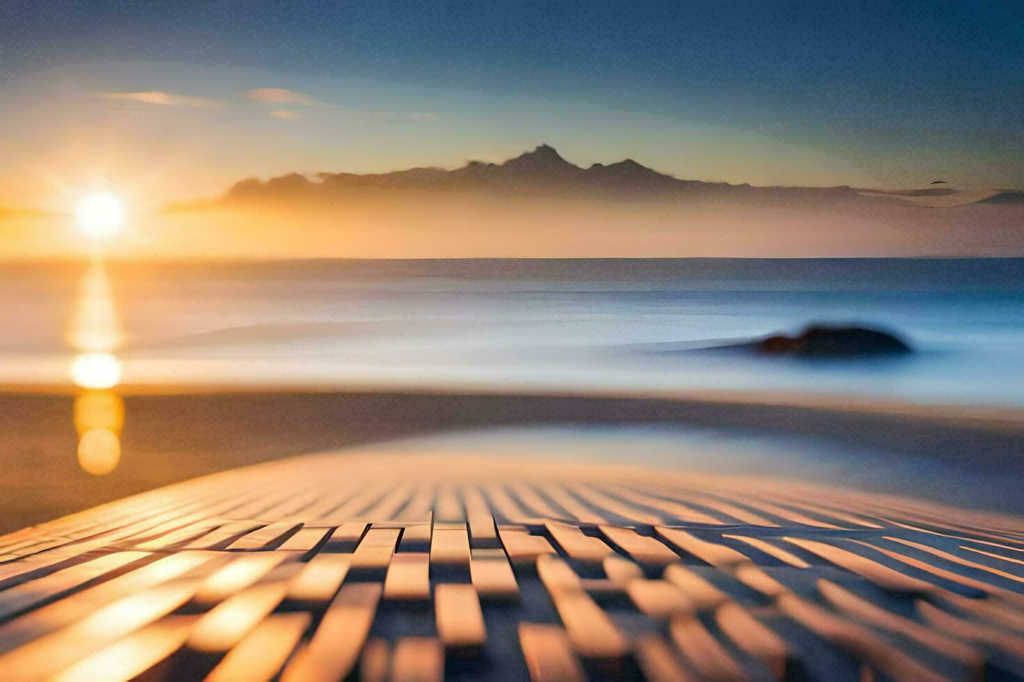 el Dom es ajuste terminado un playa con un de madera tablero. generado por ai foto