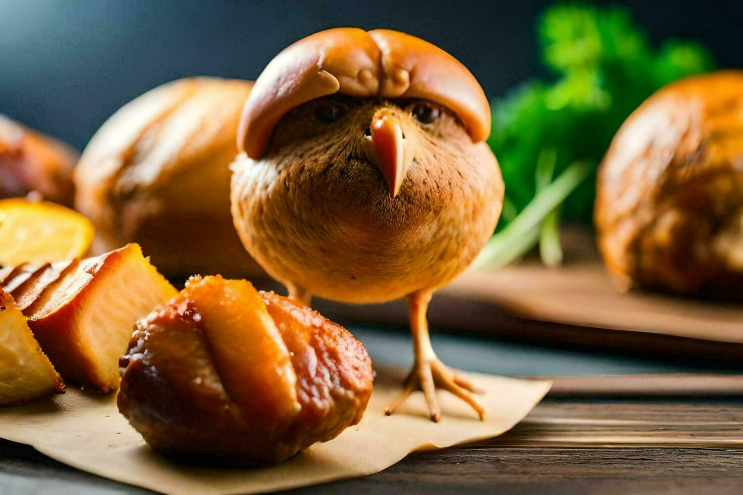 a chicken with a head on top of a piece of bread. AI-Generated photo
