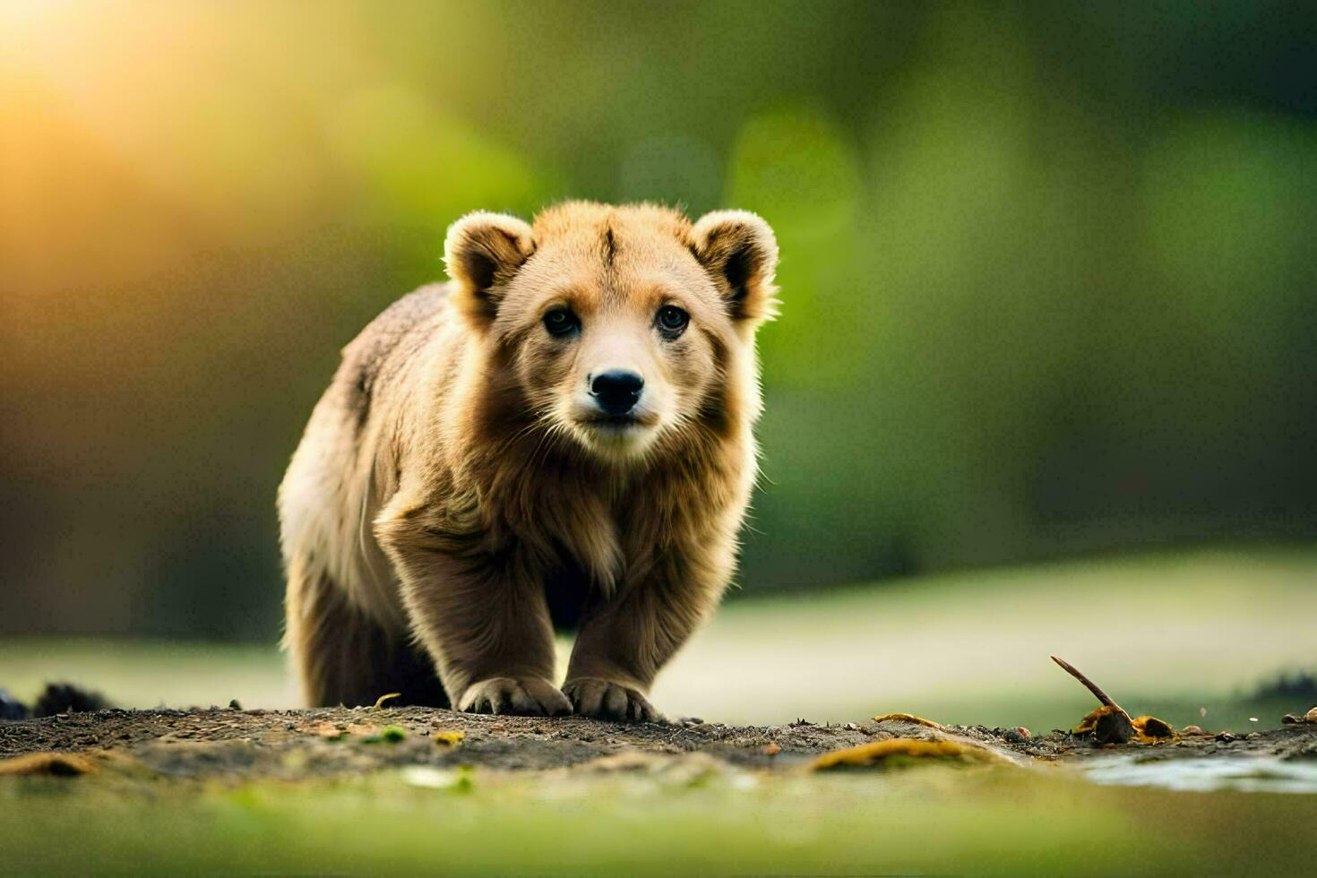 a brown bear cub walking on the ground. AI-Generated photo