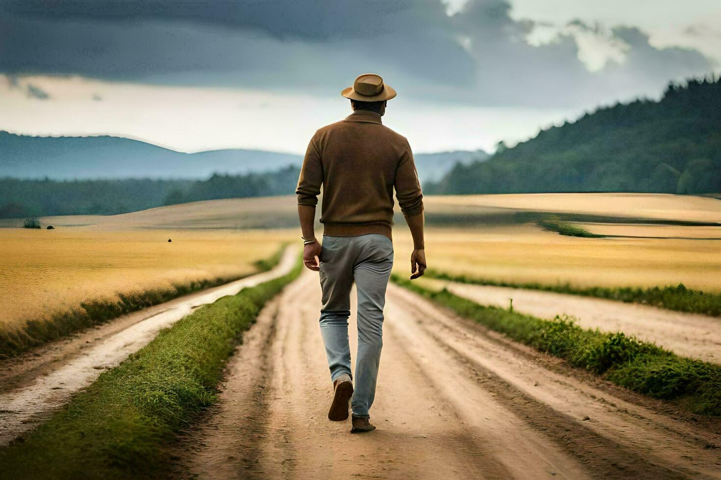 un hombre caminando abajo un suciedad la carretera en el medio de un campo. generado por ai foto