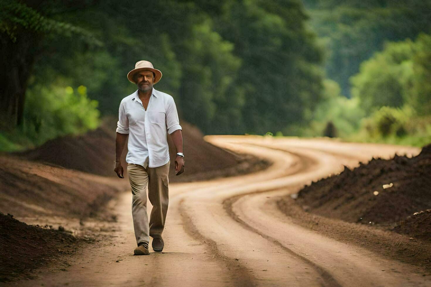a man in a hat walks down a dirt road. AI-Generated photo