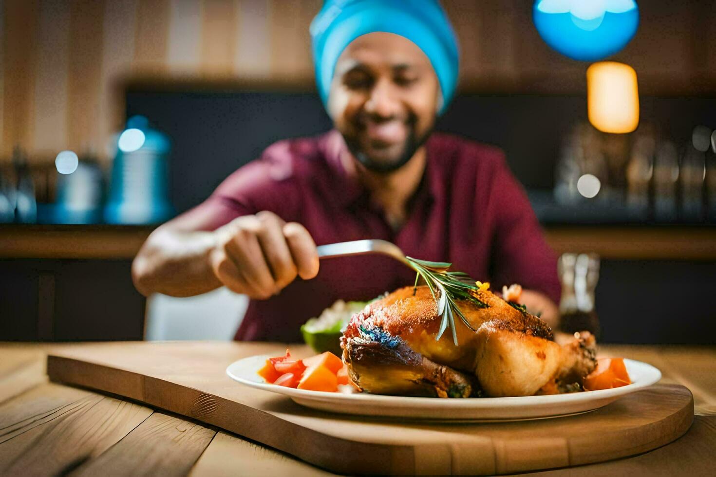 a man in a turban is eating a chicken on a plate. AI-Generated photo