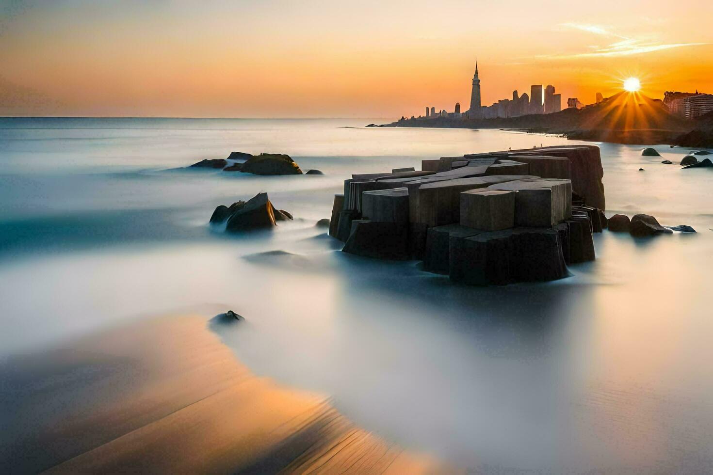 the sun sets over the ocean and rocks. AI-Generated photo