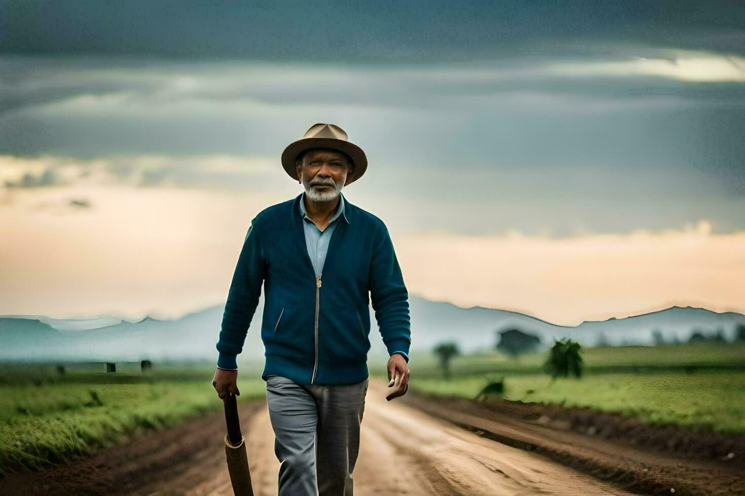 an old man walking down a dirt road with a baseball bat. AI-Generated photo