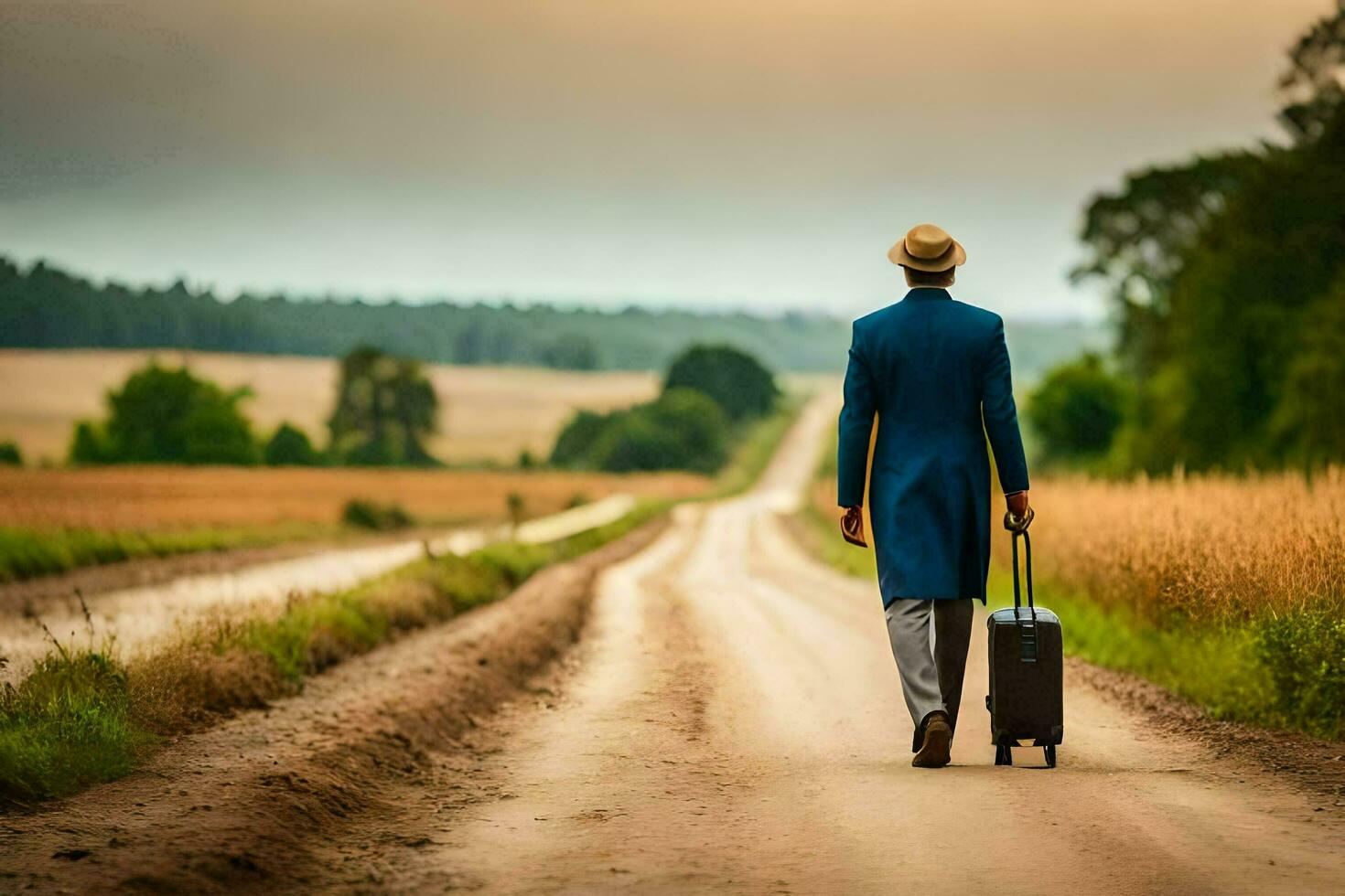 a man in a suit and hat walking down a dirt road with a suitcase. AI-Generated photo