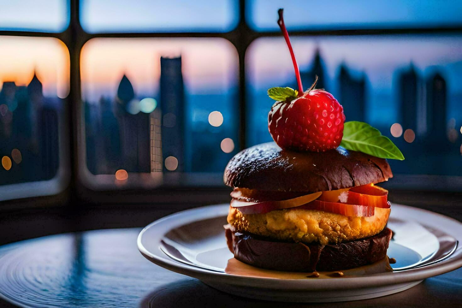 a burger with strawberries and a view of the city. AI-Generated photo