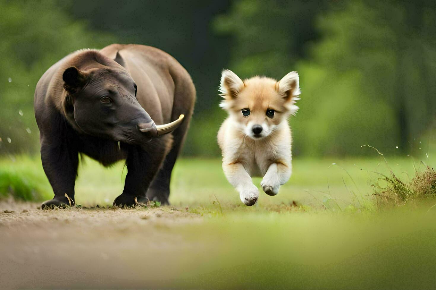 a dog running next to a bear in the woods. AI-Generated photo
