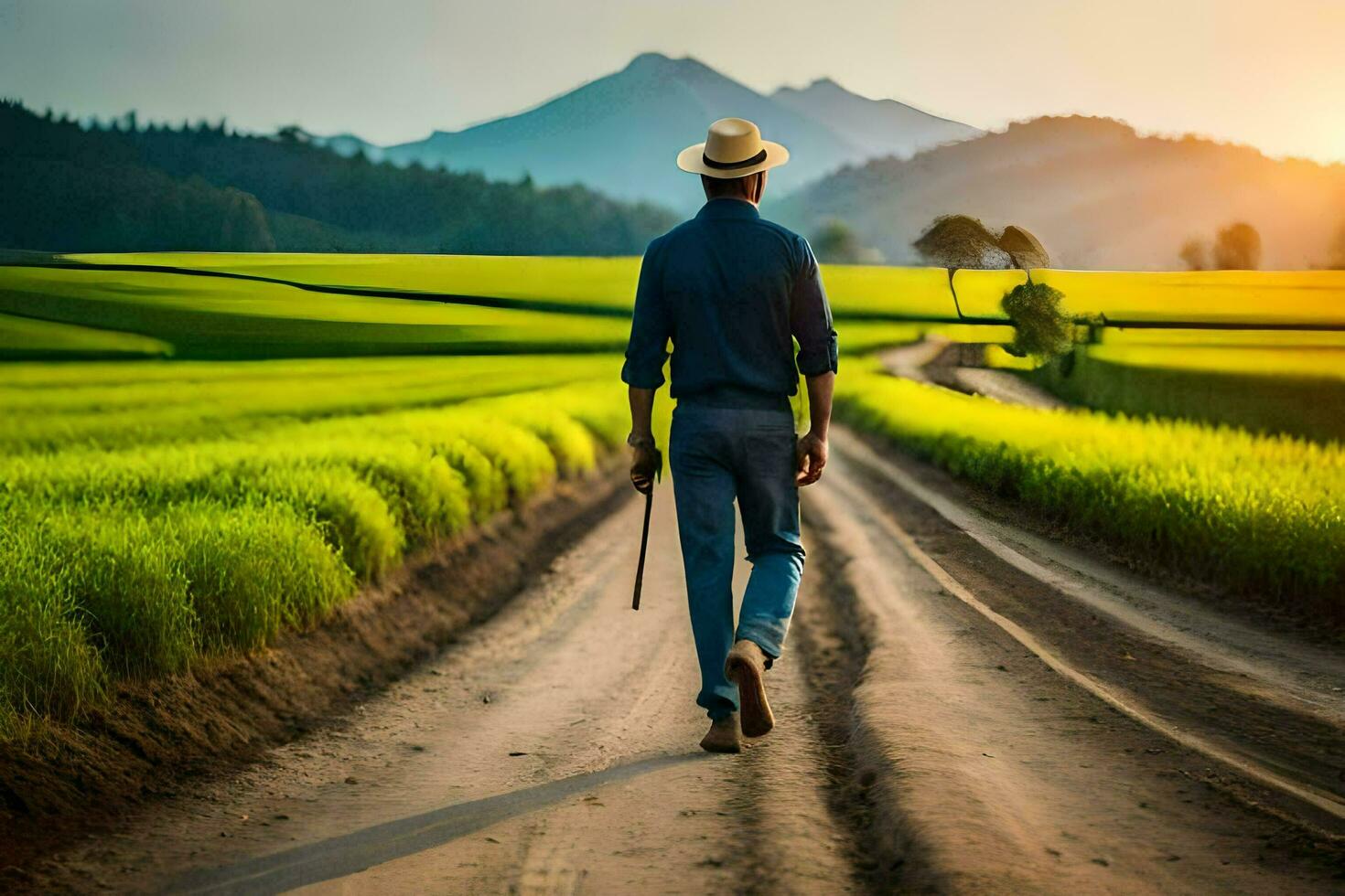 a man walking down a dirt road in a rice field. AI-Generated photo