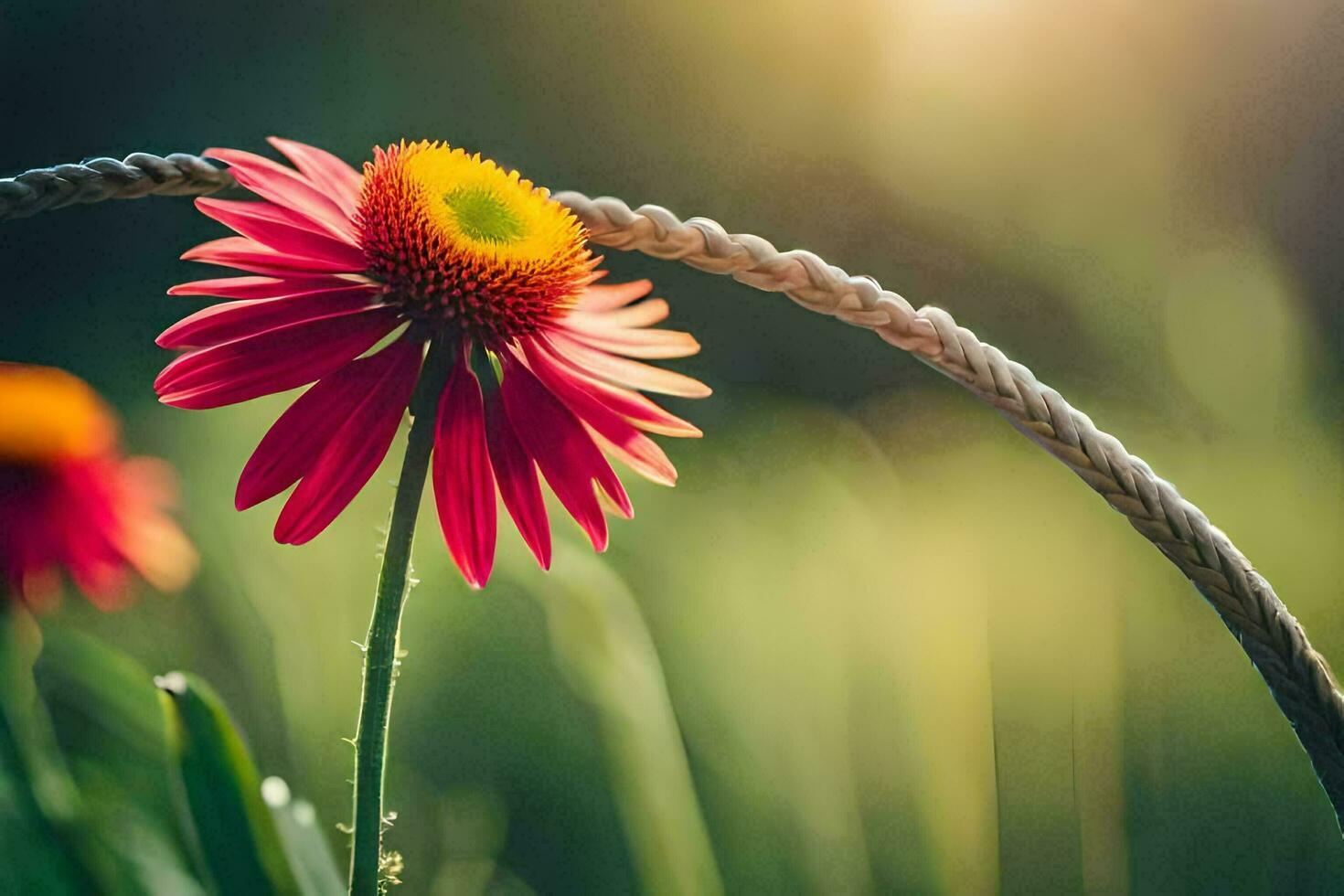 a red flower is sitting on a rope. AI-Generated photo