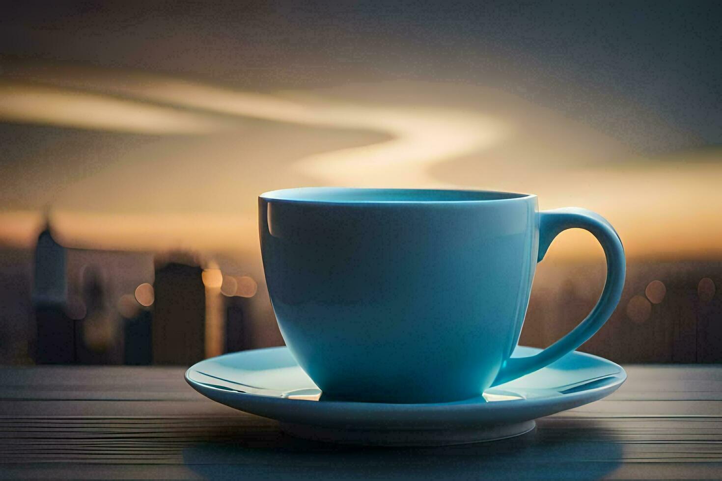 a blue cup sits on a table with a city in the background. AI-Generated photo