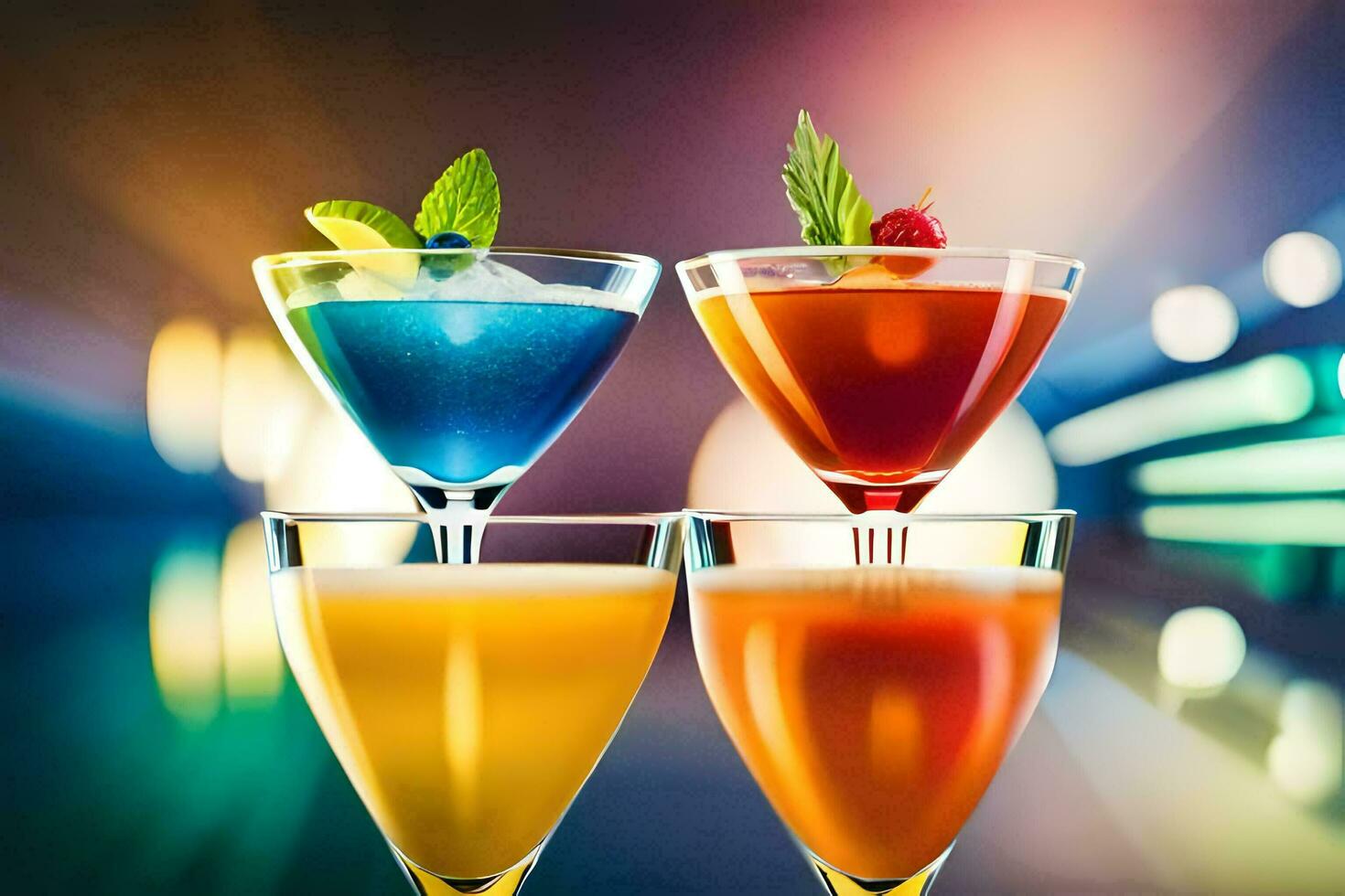 three different colored cocktails in glasses on a blurred background. AI-Generated photo