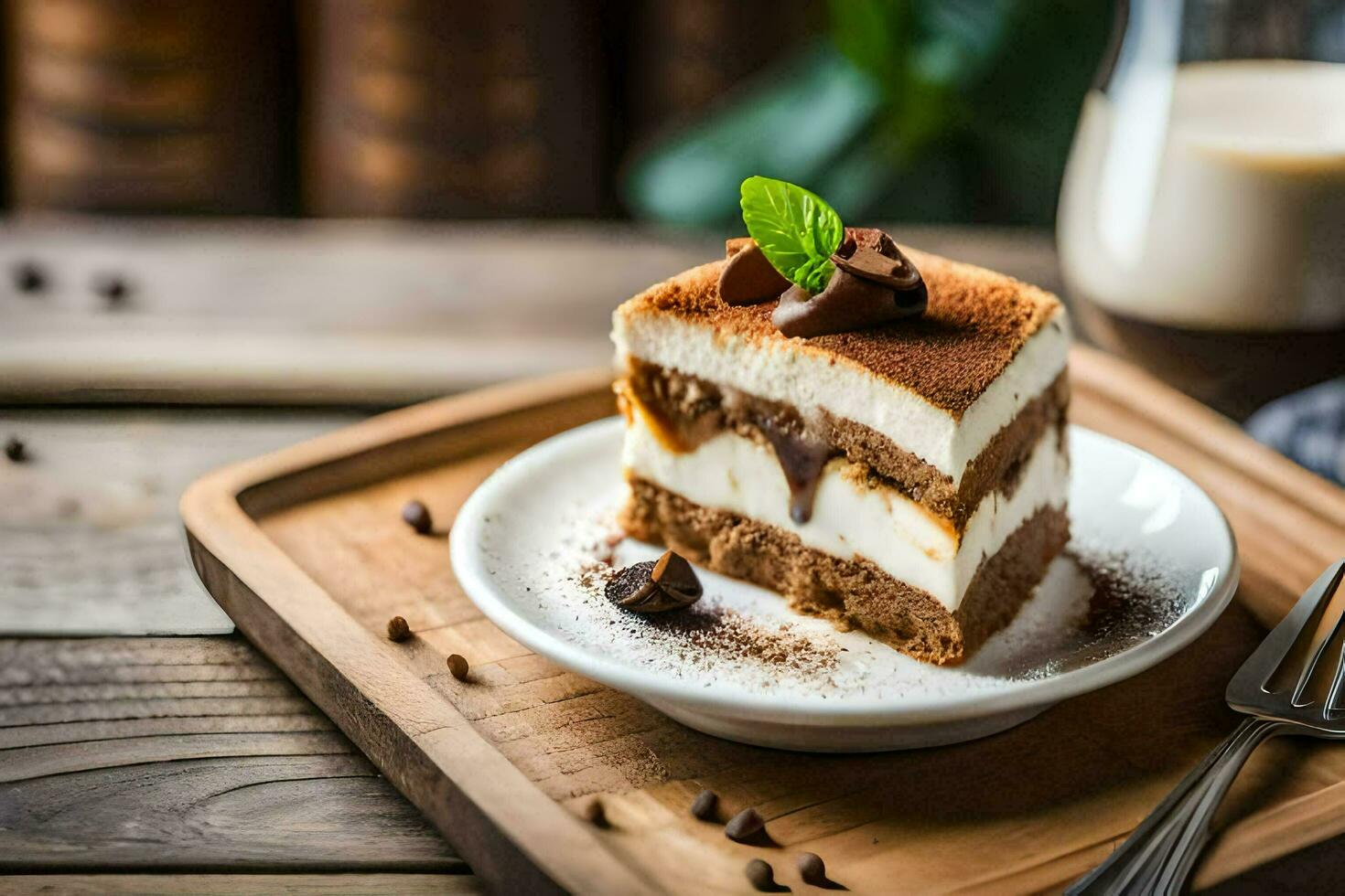the cake is served on a plate with a glass of milk and a fork. AI-Generated photo