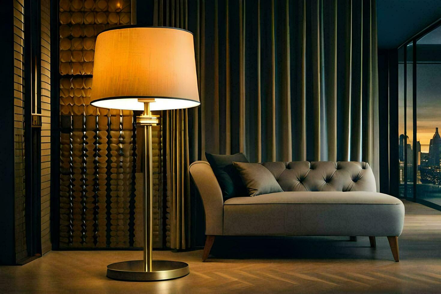 A Modern Living Room With A Lamp And Couch AI Generated 31858388 Stock premium-ai-image-interior-of-a-modern-living-room-in-the-evening-with