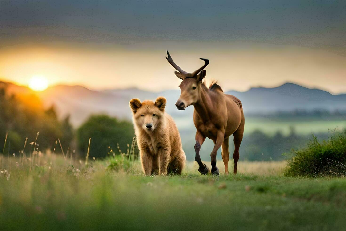 a deer and a bear are standing in the grass. AI-Generated photo