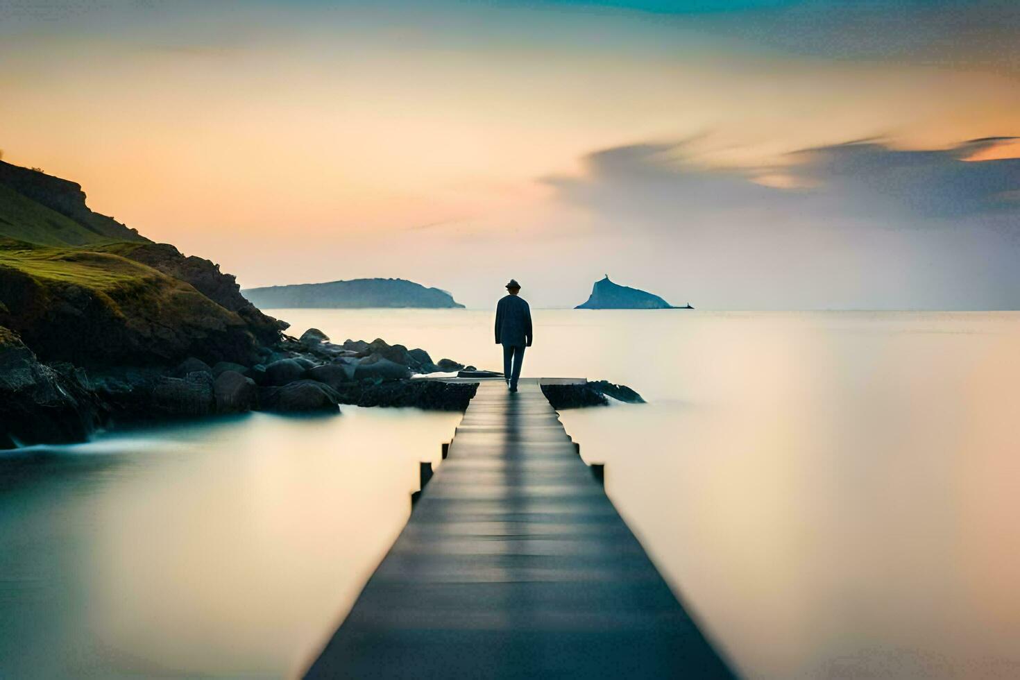 a man standing on a pier looking out to sea. AI-Generated photo