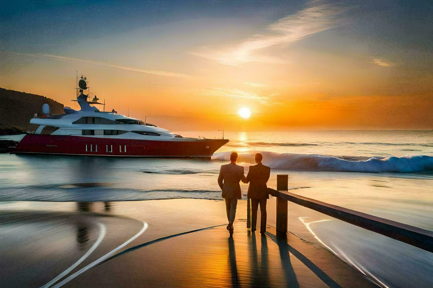 two men standing on the beach looking at a yacht. AI-Generated photo