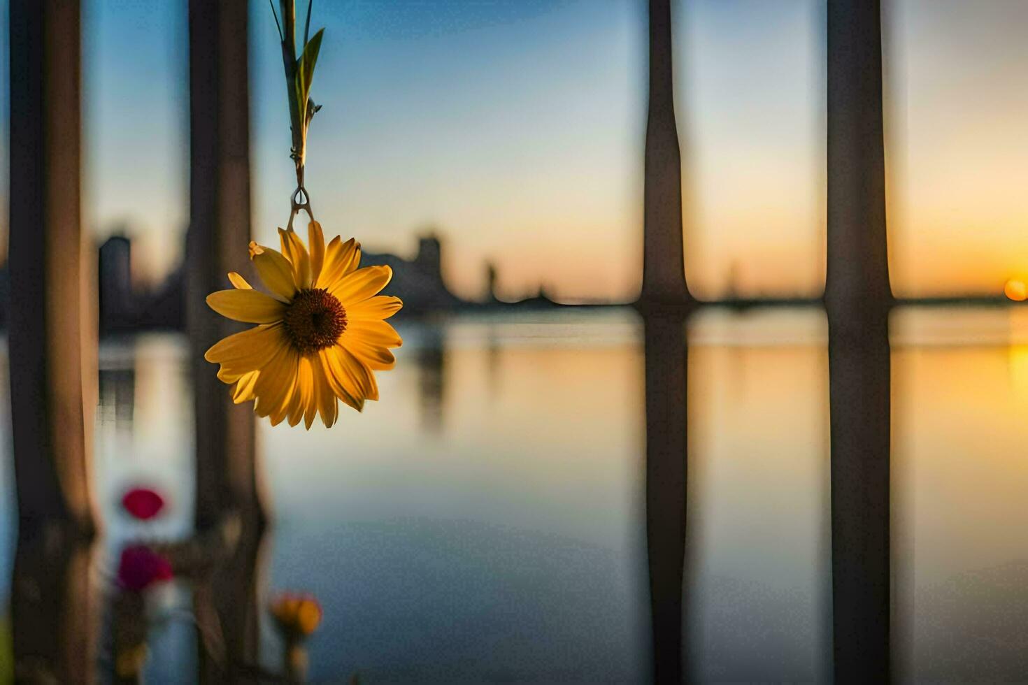 un amarillo flor colgando desde un polo en frente de un cuerpo de agua. generado por ai foto