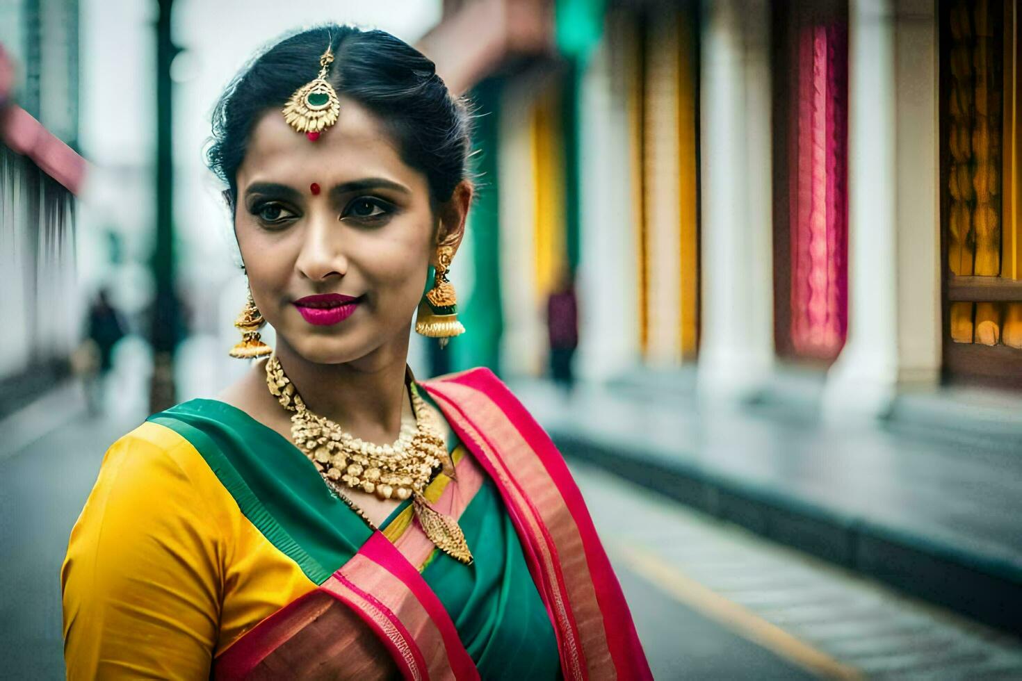 a woman in a colorful sari and gold jewelry. AI-Generated photo
