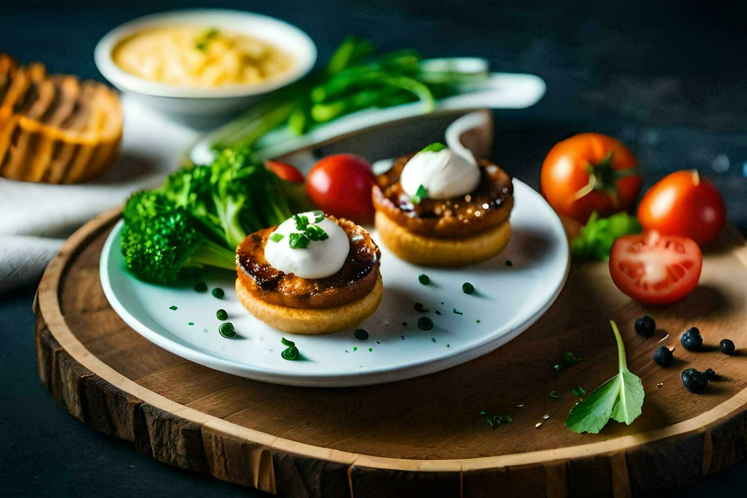 two mini pies on a plate with vegetables and bread. AI-Generated photo