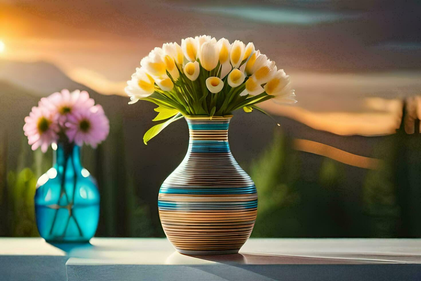 flowers in a vase on a table with mountains in the background. AI-Generated photo