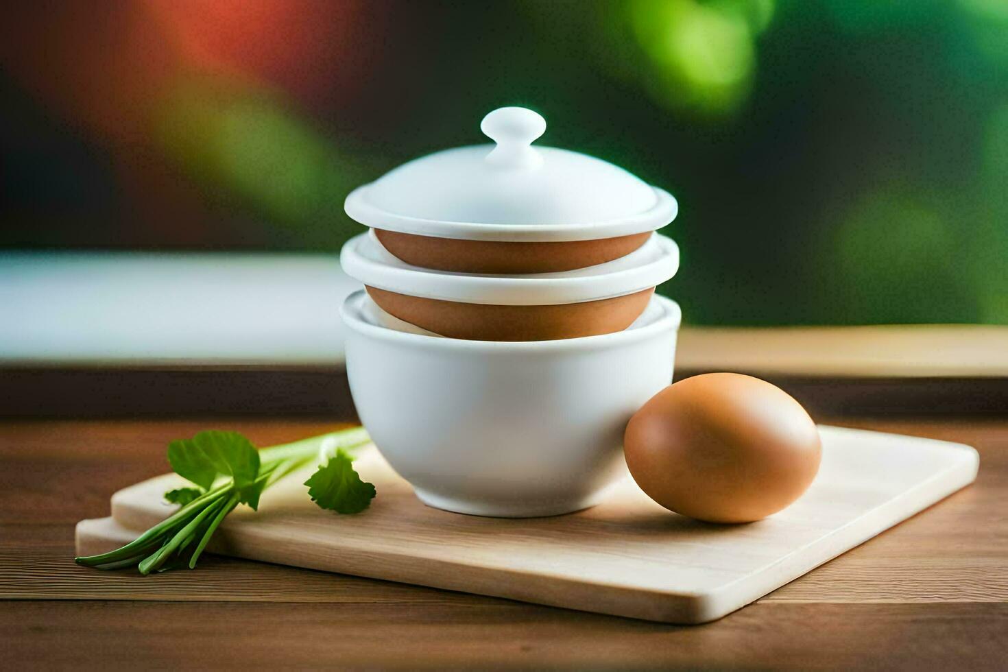 an egg in a cup and a bowl. AI-Generated photo