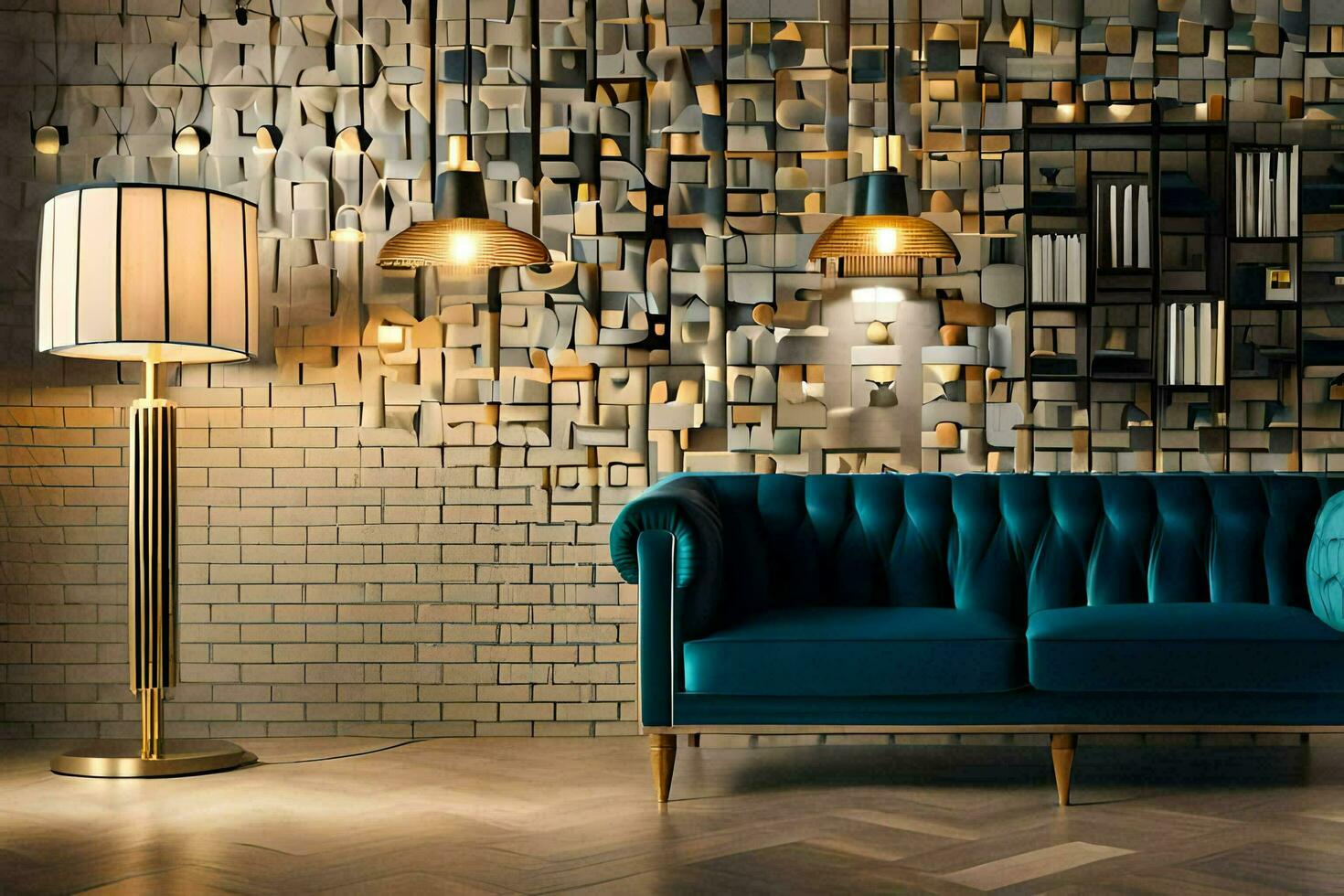 a blue couch in front of a brick wall. AI-Generated photo