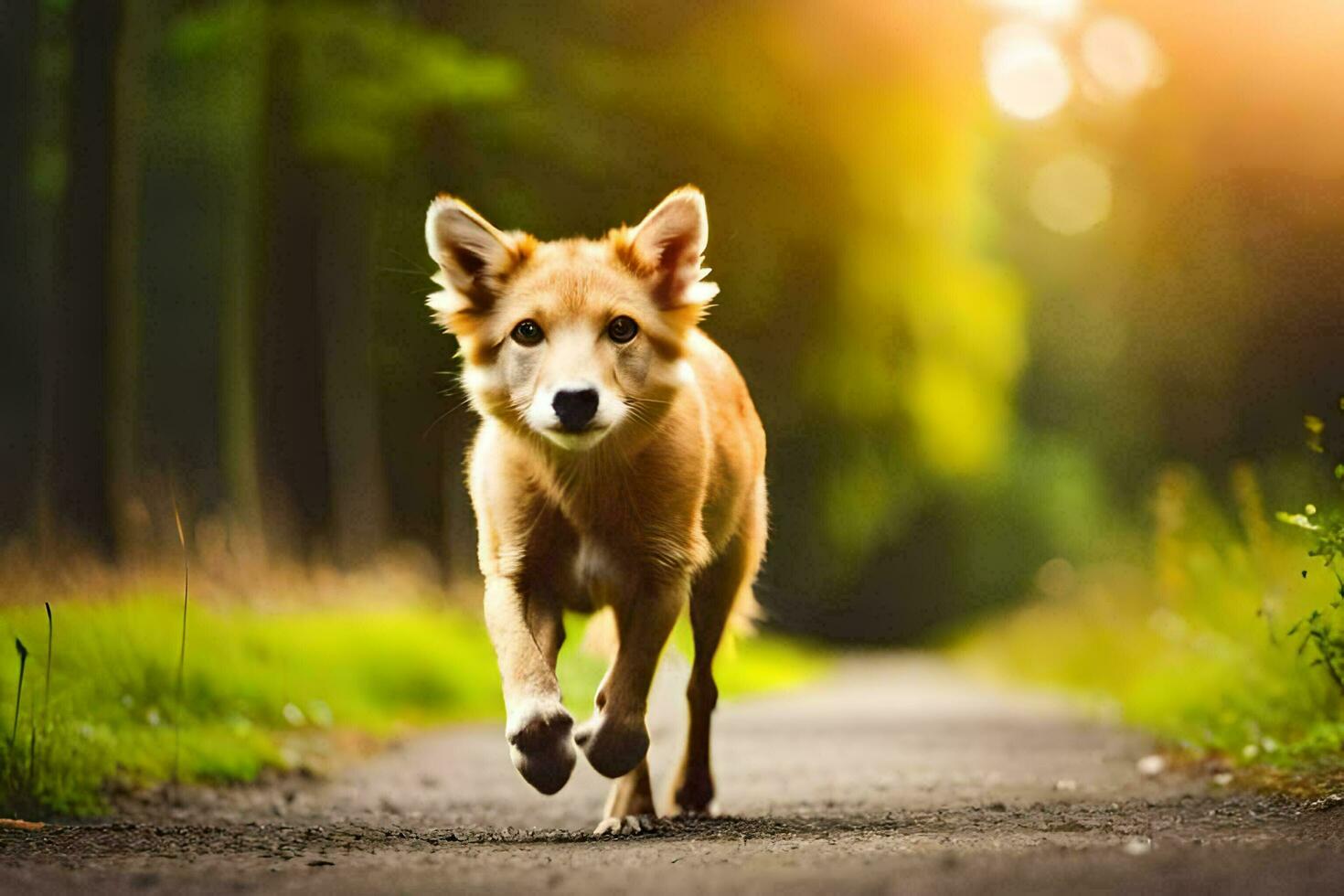 a dog running on a road in the woods. AI-Generated photo