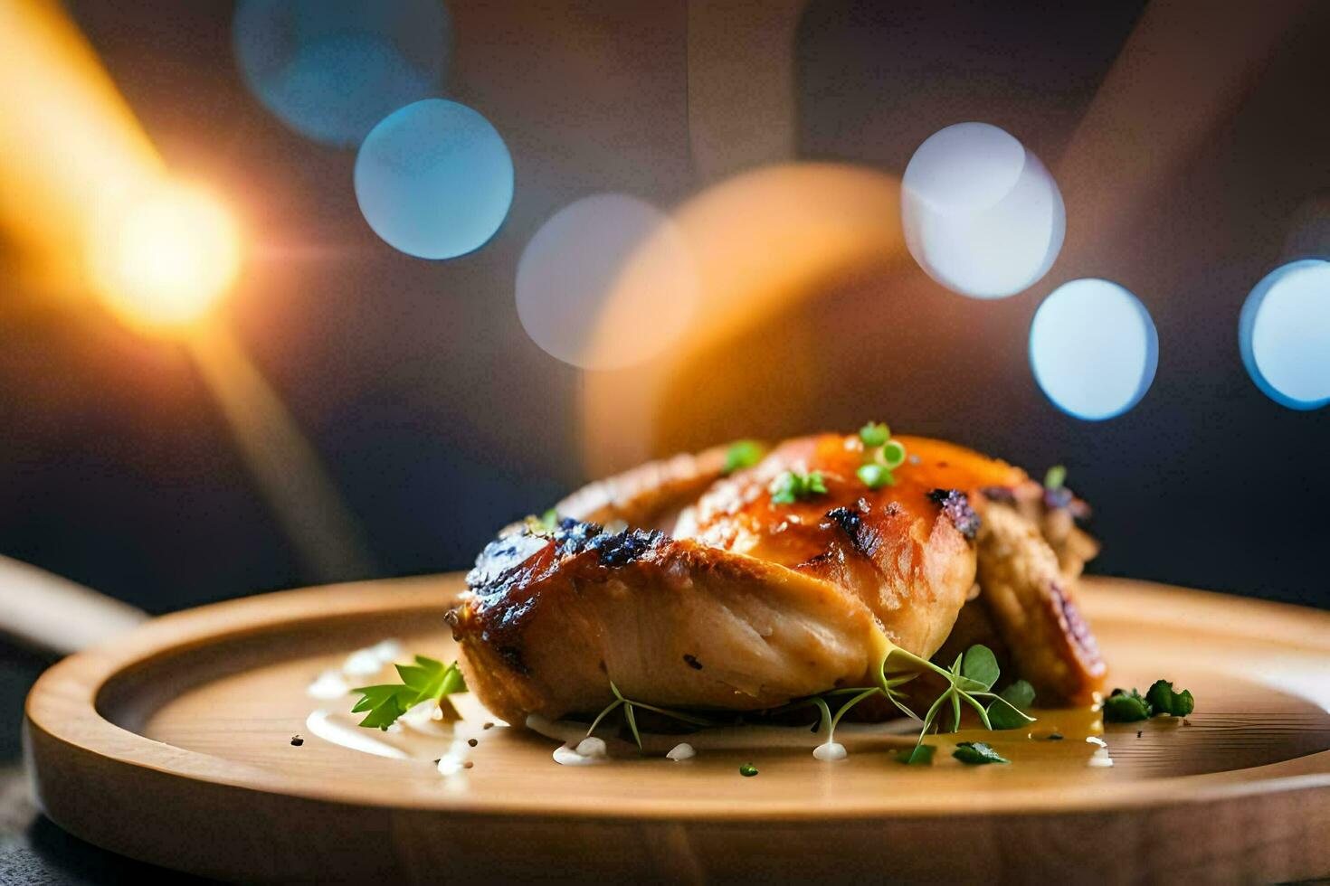 a piece of chicken on a wooden plate with a knife. AI-Generated photo