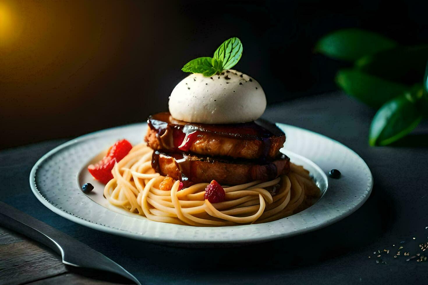 a plate with spaghetti and meat on it. AI-Generated photo