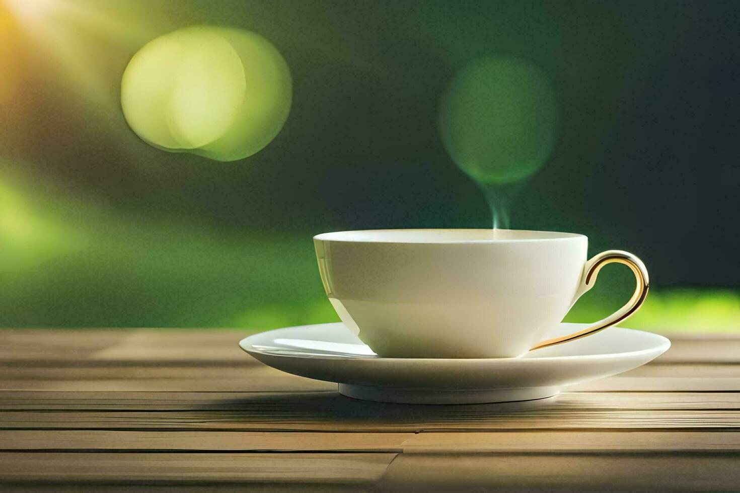 un taza de café en un mesa con un verde antecedentes. generado por ai foto