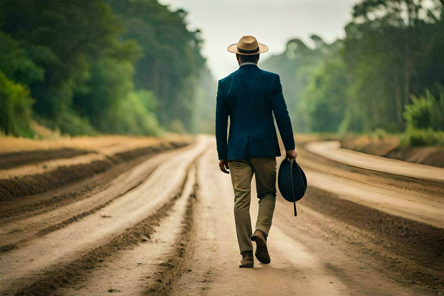 a man in a suit and hat walking down a dirt road. AI-Generated photo