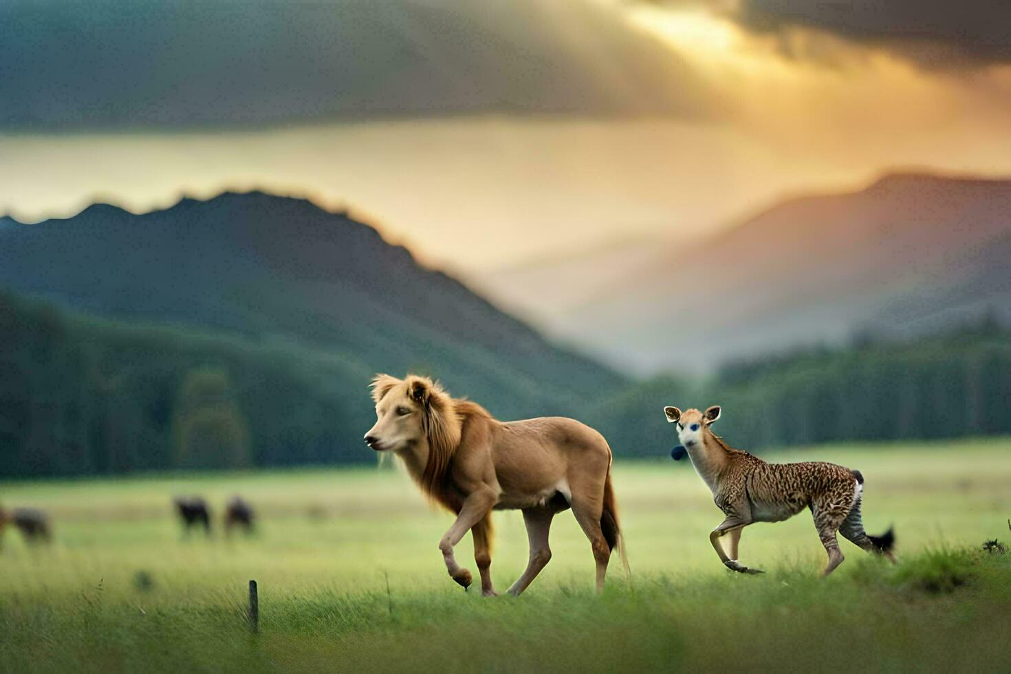 un león y un gacela caminar mediante un campo. generado por ai foto