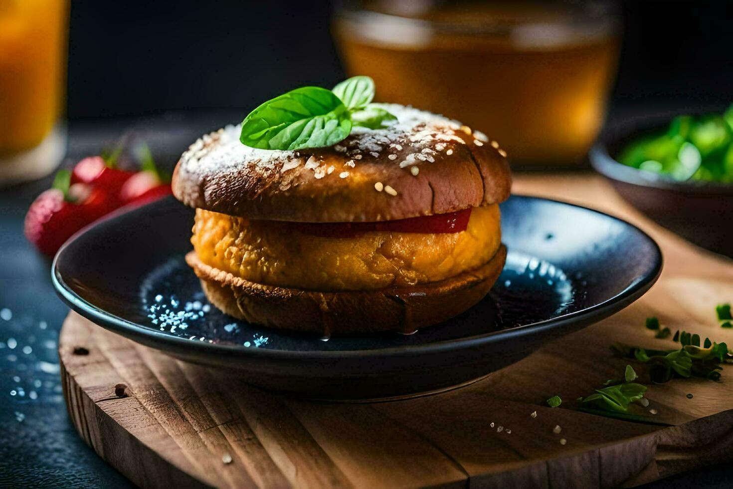 a hamburger on a plate with a glass of juice. AI-Generated photo