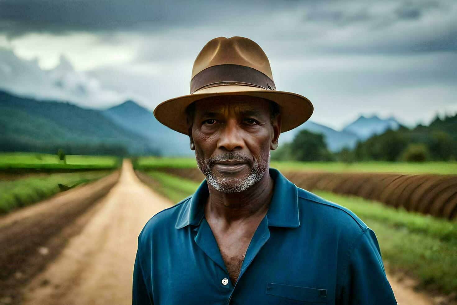 a man in a hat standing in a dirt road. AI-Generated photo