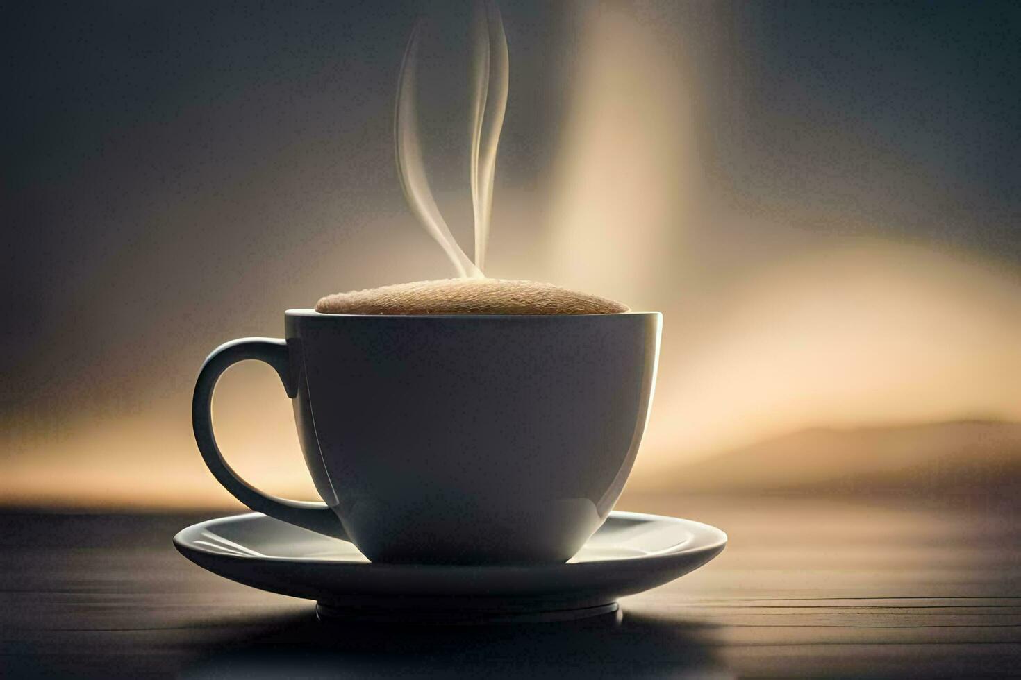 a cup of coffee on a table with a steam coming out of it. AI-Generated photo