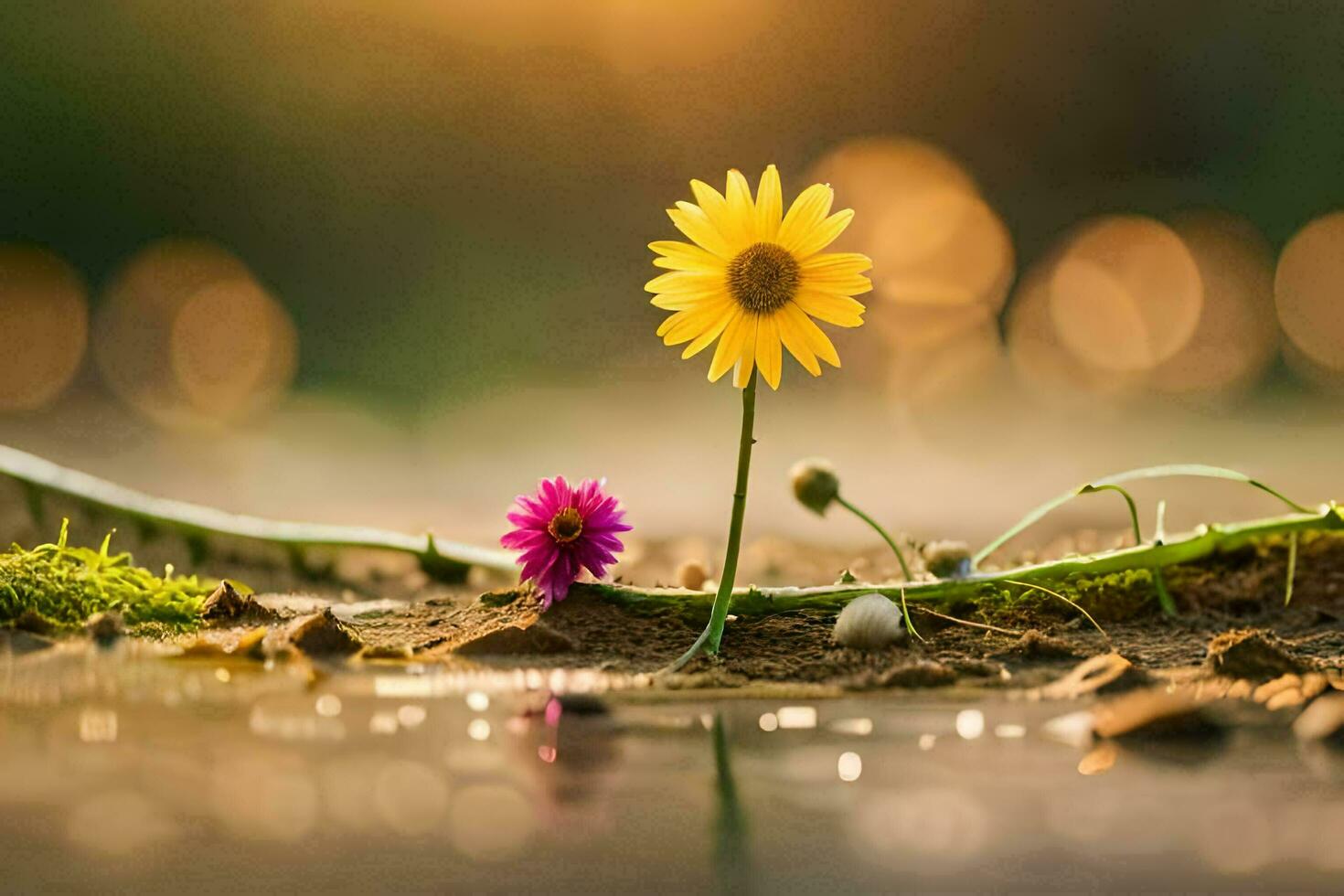 two flowers are standing in the water with the sun shining. AI-Generated photo