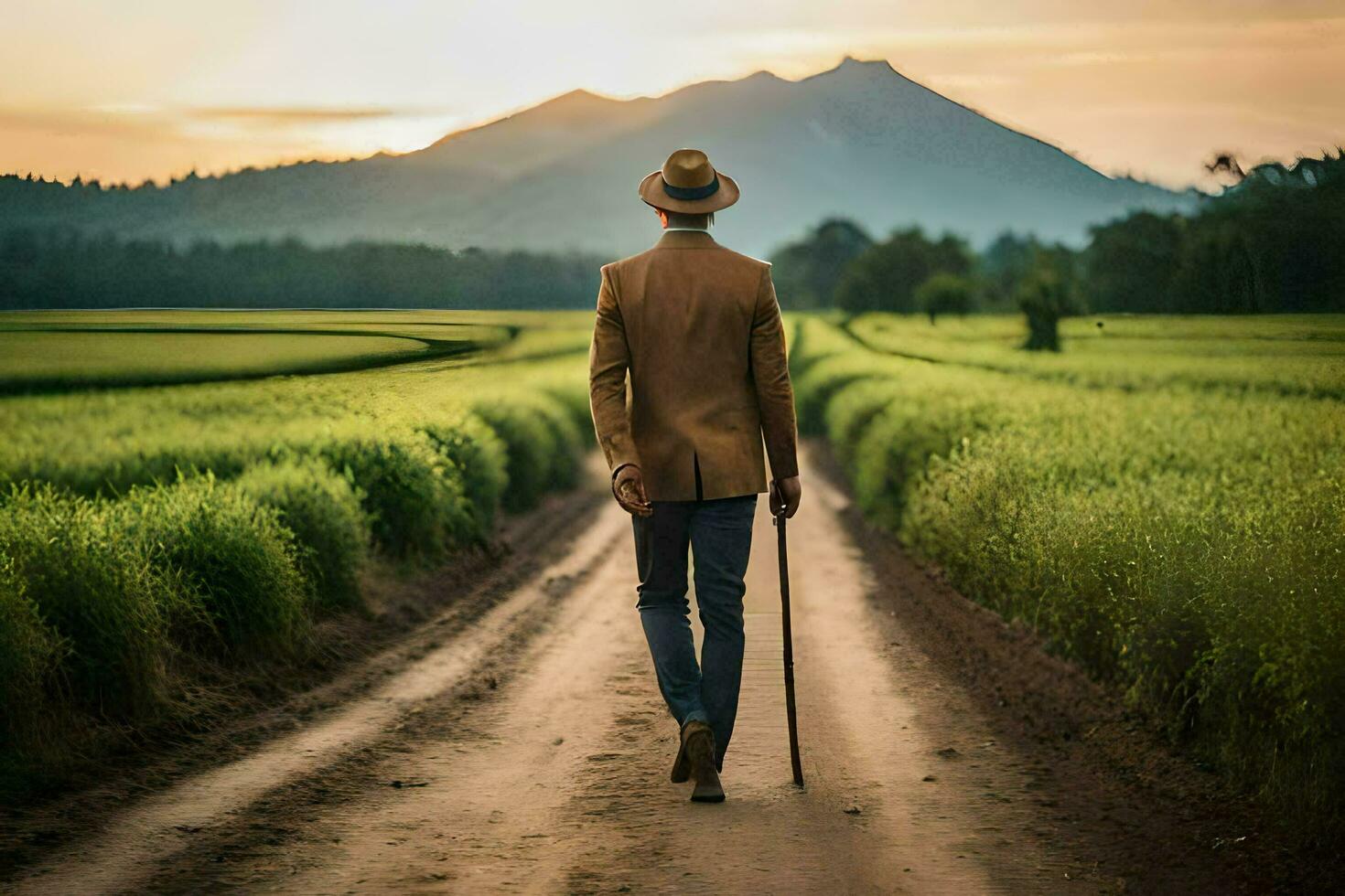 un hombre caminando abajo un suciedad la carretera con un caña. generado por ai foto