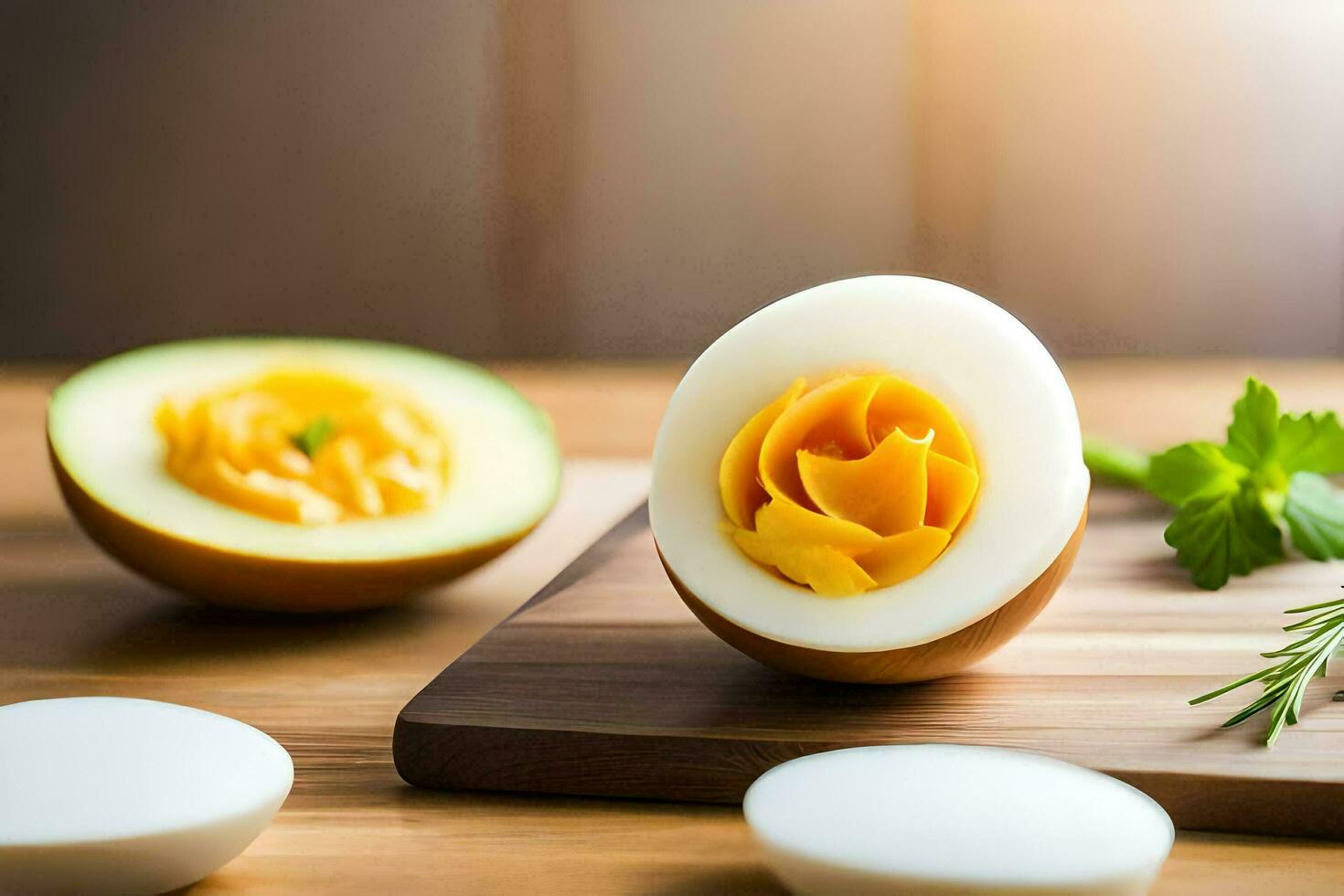 an egg half cut in half with a slice of avocado. AI-Generated photo