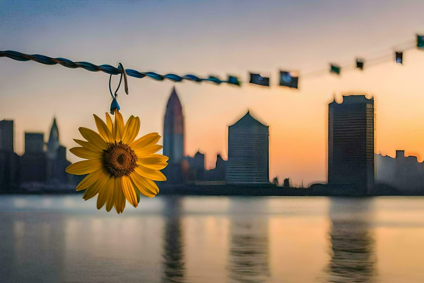 sunflower hanging from a rope in front of a city skyline. AI-Generated photo