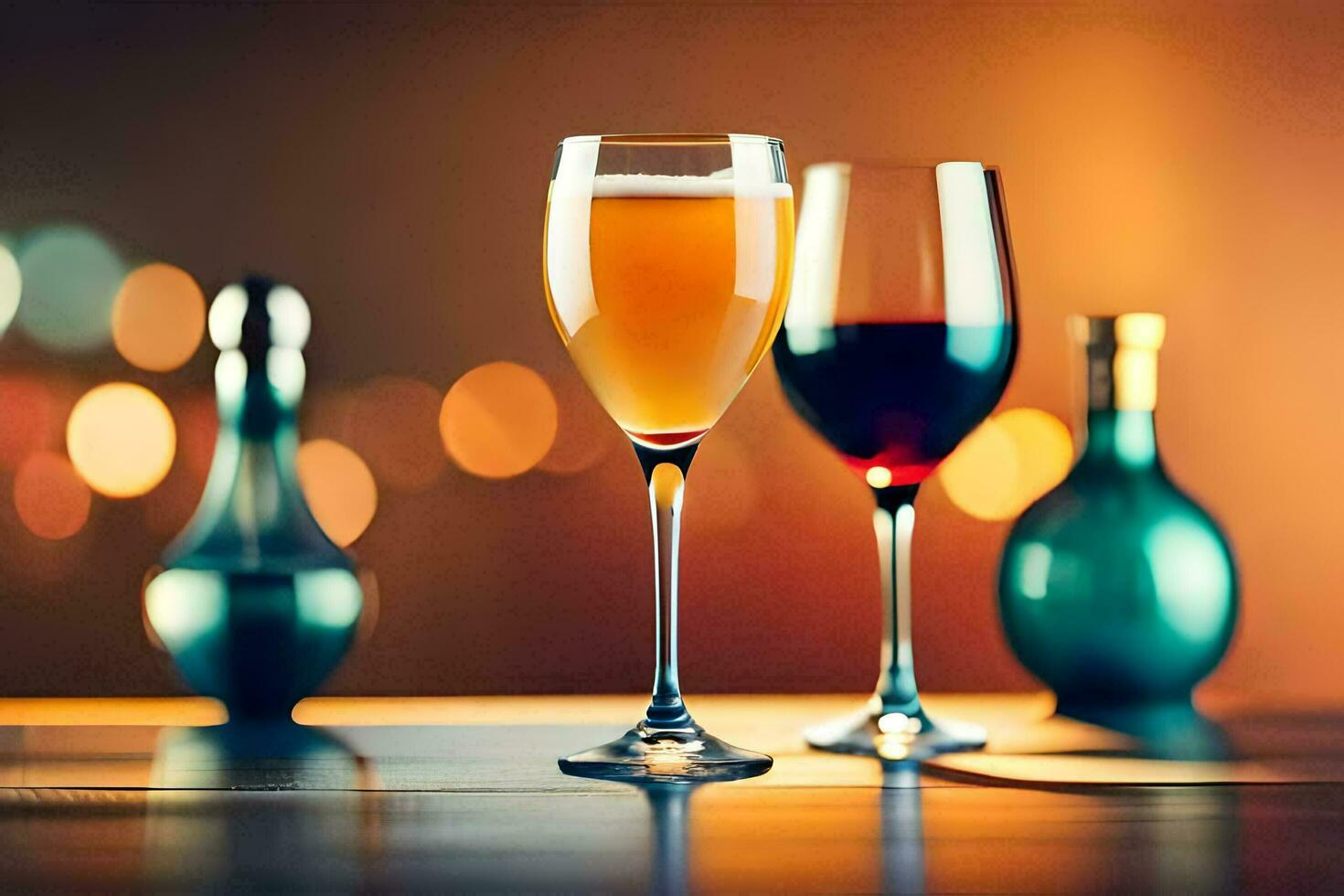 two glasses of wine and a bottle of wine on a table. AI-Generated photo