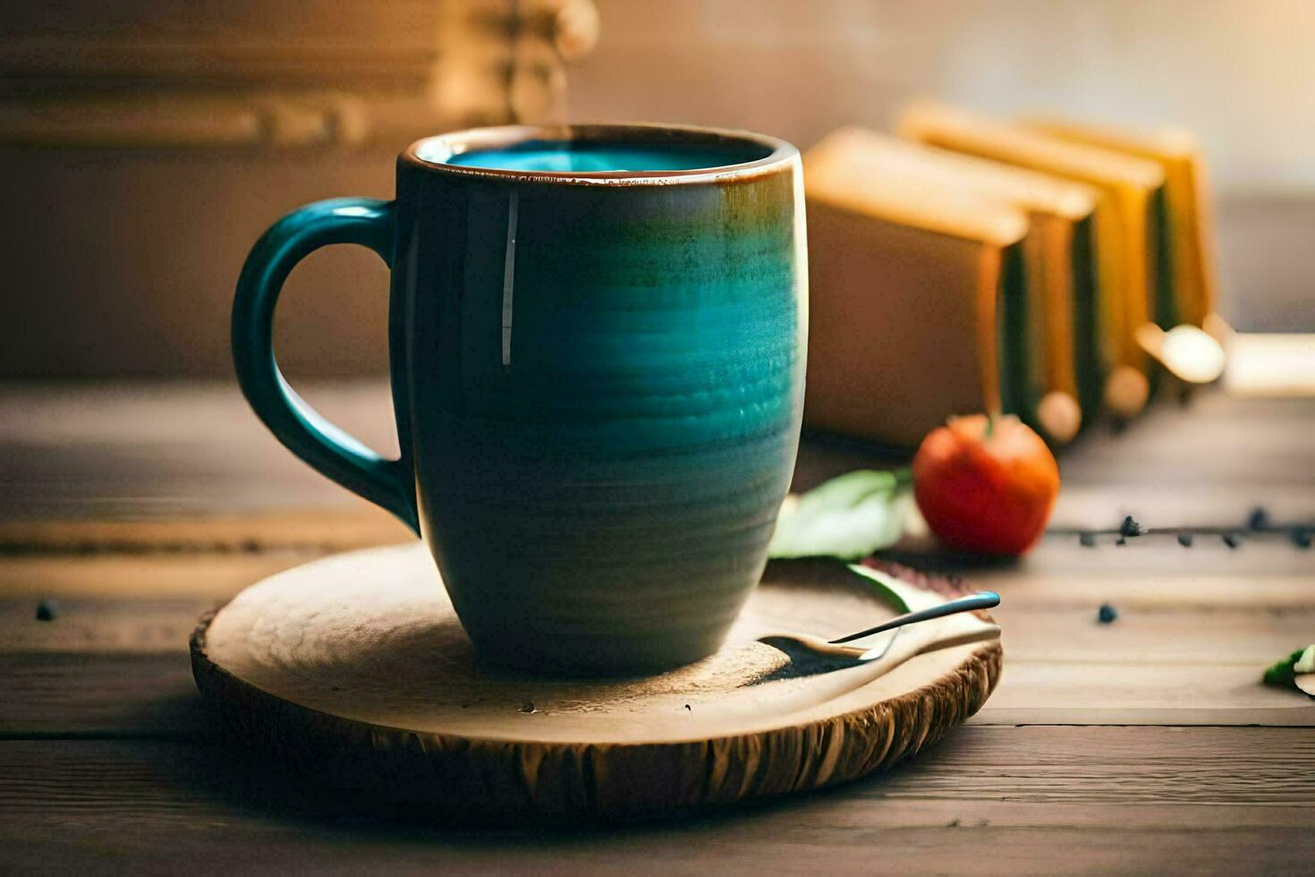 a blue mug with a spoon on a wooden table. AI-Generated photo