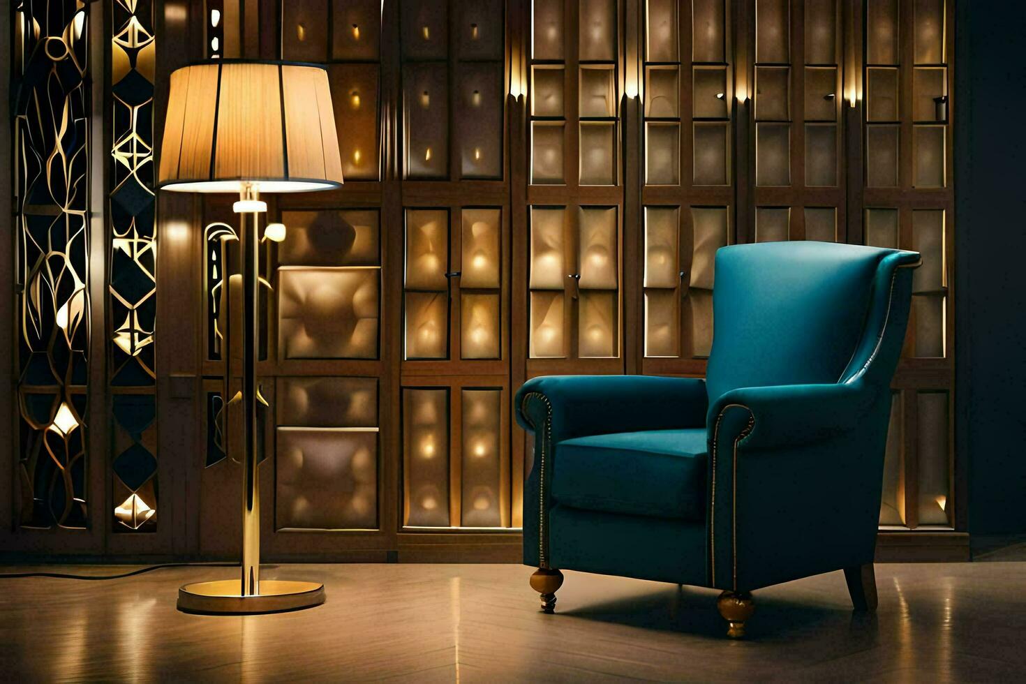 a blue chair and lamp in front of a wall. AI-Generated photo