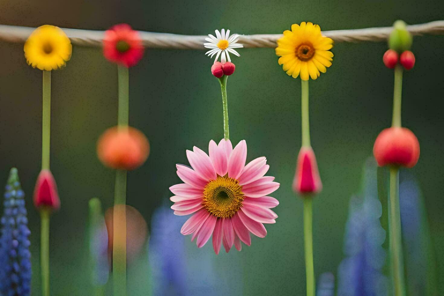 colorful flowers hanging from a string. AI-Generated photo
