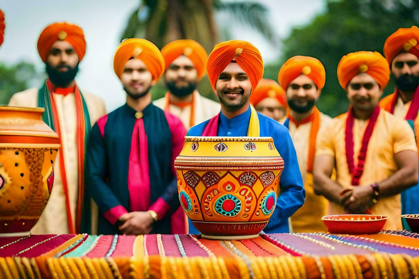 a group of men in turban and orange robes standing next to a pot. AI-Generated photo